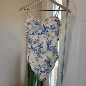 NWOT Binoxy One-Piece Peasant Print Corset Style Bathing Suit, Size L